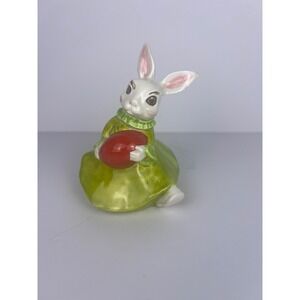 Vintage Ceramic Girl Bunny Holding‎ Egg Green Dress Hand Painted Figurine Easter